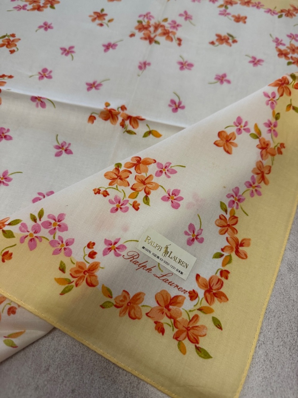 Ralph Lauren Floral cotton Scarf in White, Pink, Orange & Yellow Border - Picture 2 of 5
